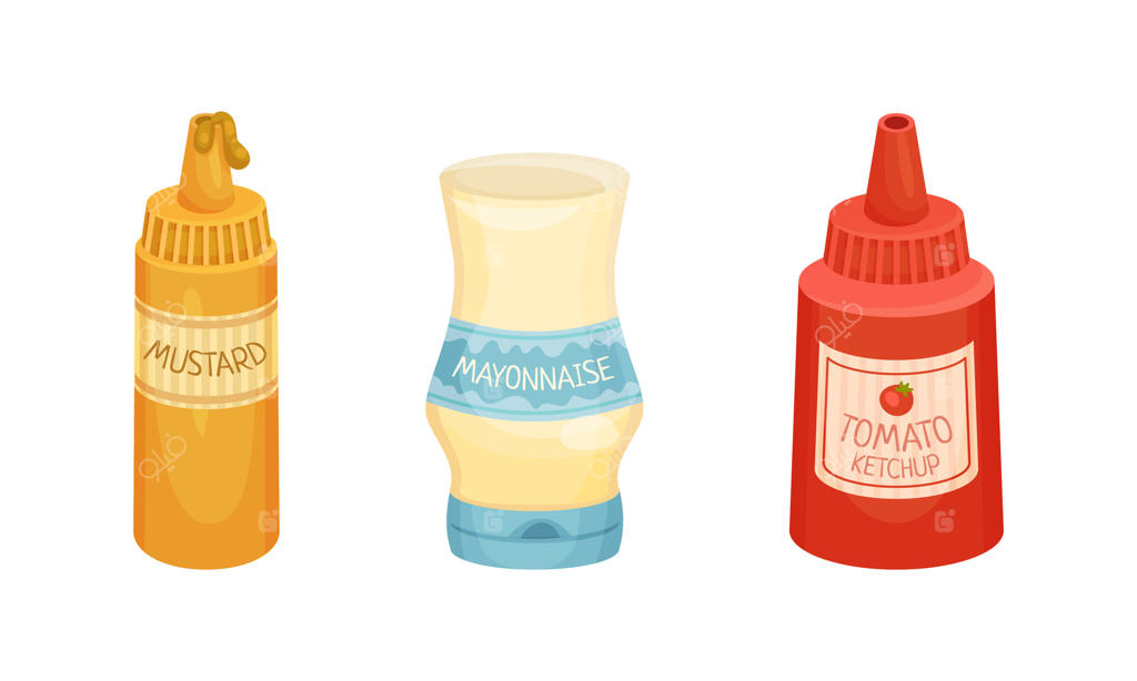 تصویرسازی بطری‌های سس خردل، کچاپ و مایونز