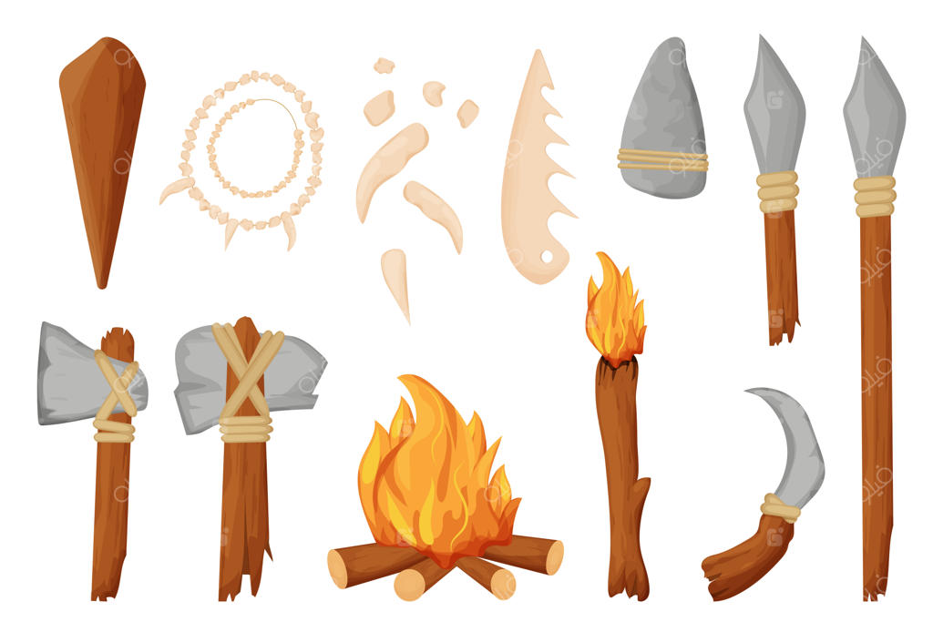 ابزارهای وحشی سنگی: سلاح‌ها، شومینه و گردنبند استخوانی به سبک کارتونی