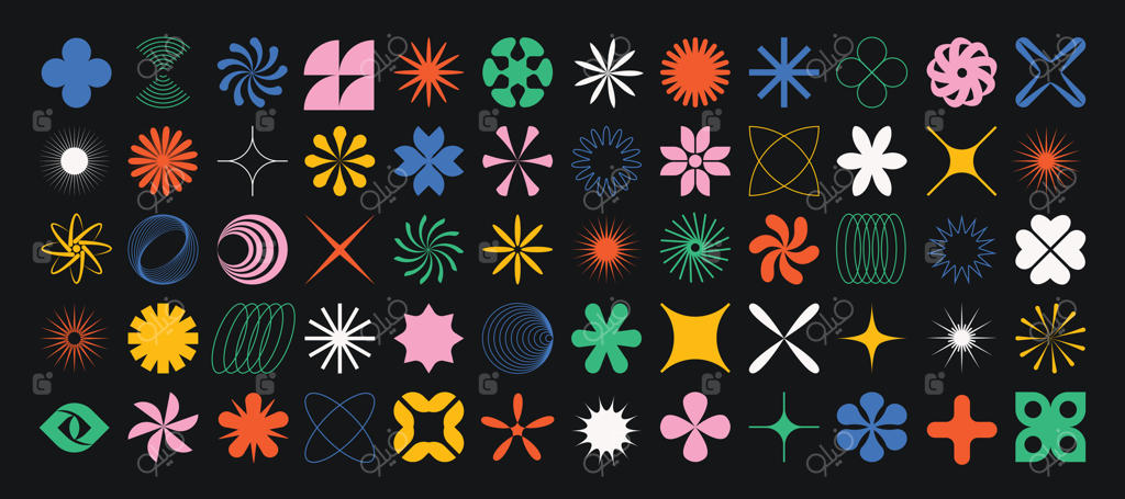 مجموعه اشکال انتزاعی بروتالیست؛ فرم‌های هندسی رنگارنگ شامل دایره، گل، نماد، ستاره و سایر المان‌های مینیمال و اولیه. وکتور اشکال مدرن و سیلوئت آیکون‌ها