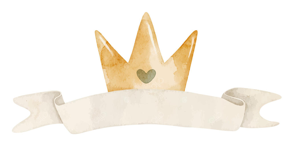 تصویر آبرنگ تاج طلایی با قلب و روبان خالی. طراحی با فضای متن برای دعوت‌نامه‌ها و اعلامیه‌های جشن نوزاد و کارت تبریک جشن تولد.