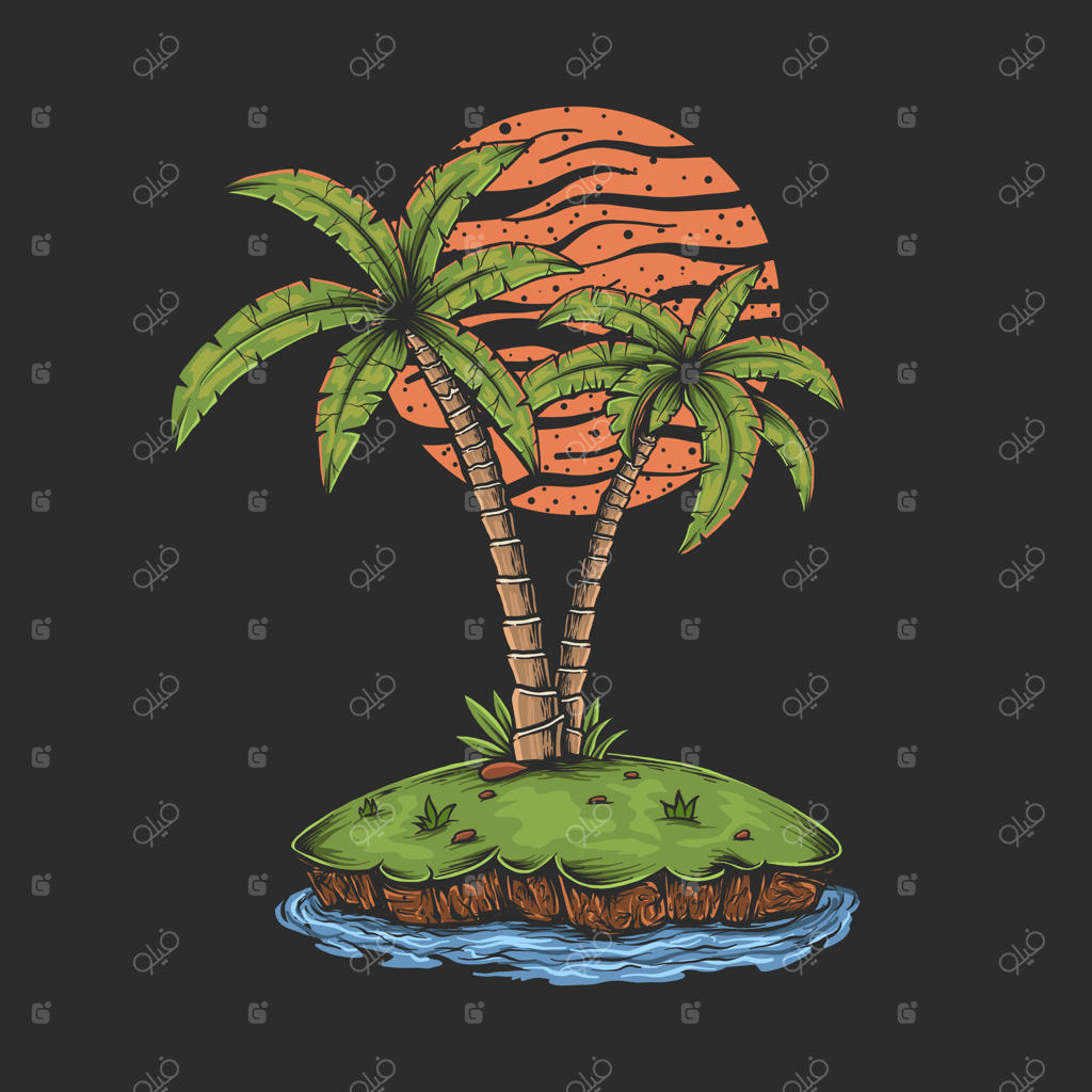 تصویرسازی جزیره غروب آفتاب وینتیج با دست