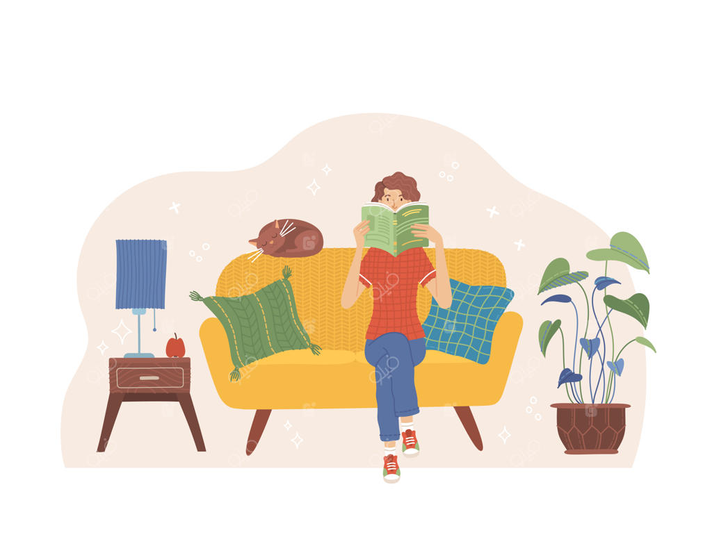 زن نشسته روی مبل در حال کتاب خواندن