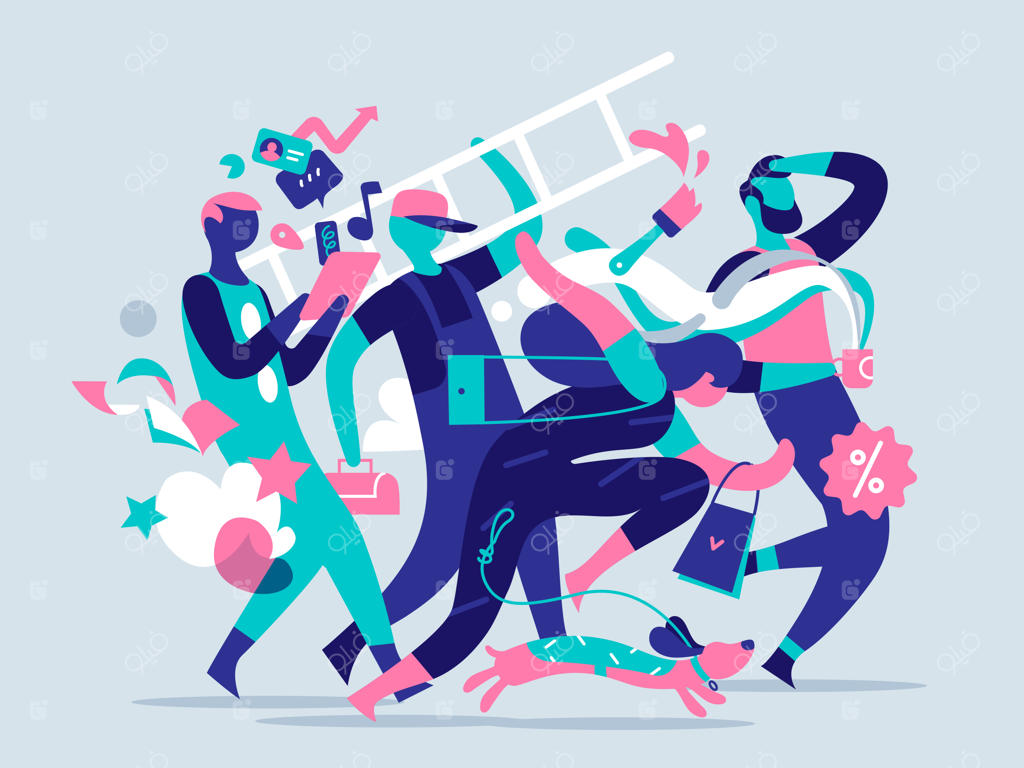 شخصیت‌های مرد و زن در حال انجام فعالیت‌های روزمره‌شان