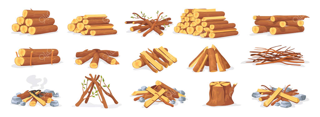 انبار چوب برای آتش - تصویری کارتونی از هیزم، شاخه‌ها، چوب جنگلی برای سوخت و آتش زدن