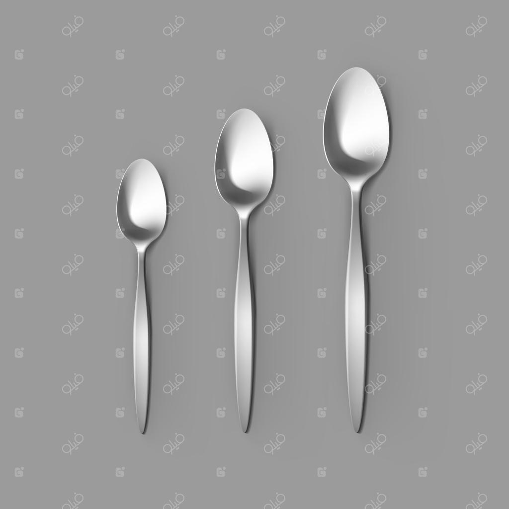 ست قاشق نقره شامل قاشق غذاخوری، قاشق دسر و قاشق چای خوری، نمای بالا