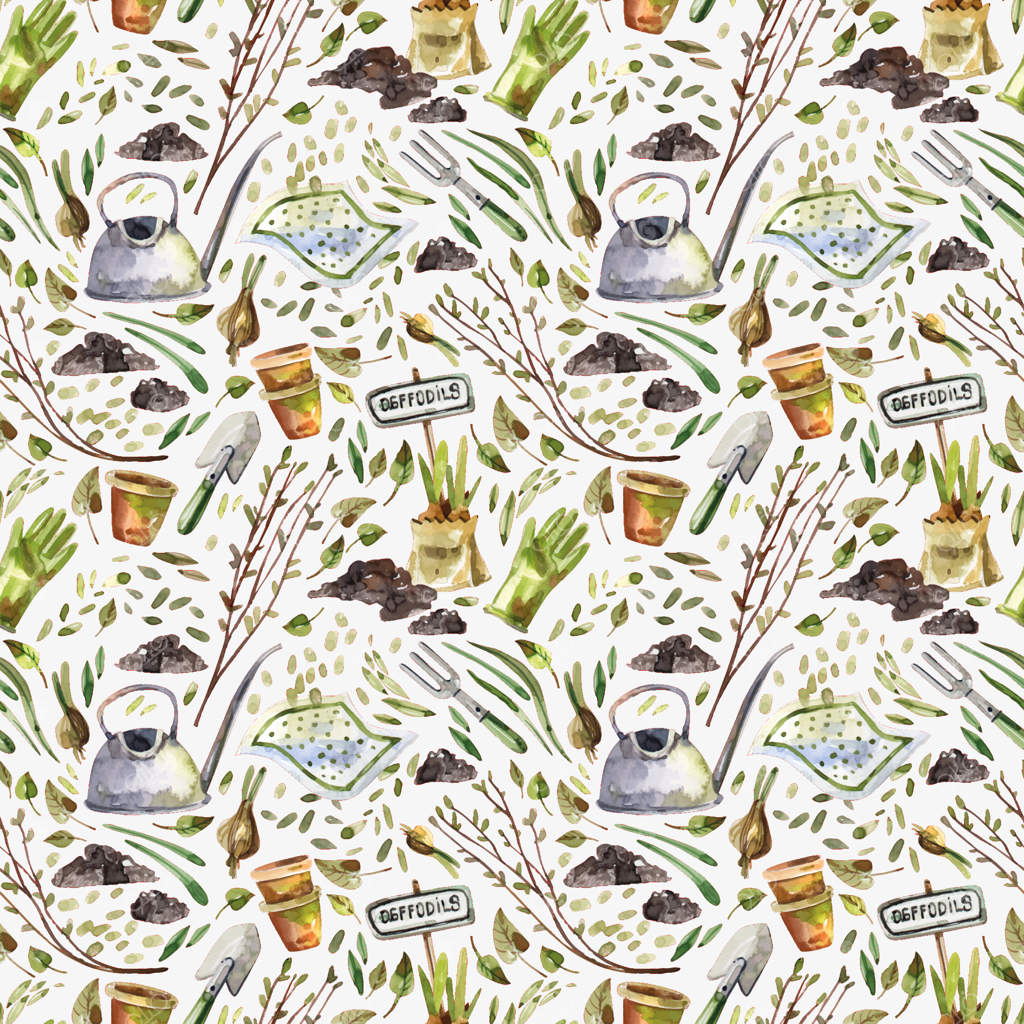 پترن بی‌وقفه آبرنگی با ابزار باغبانی، گیاهان و وسایل دیگر مشغله باغبان