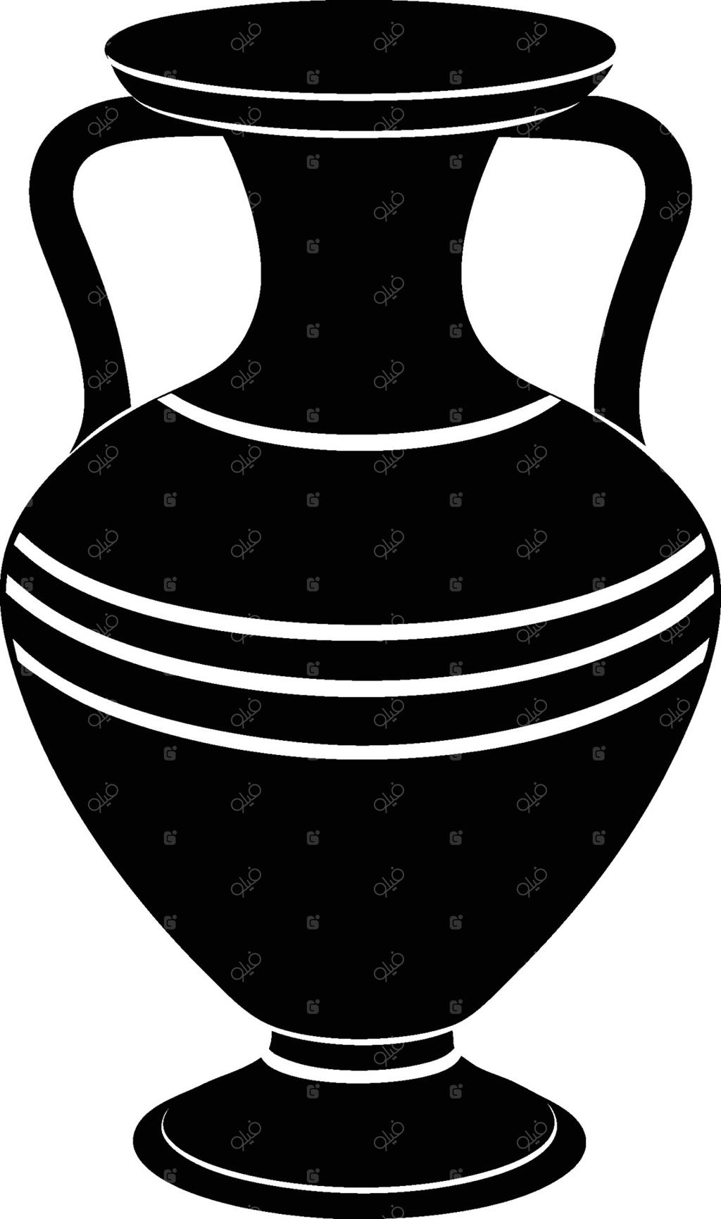 آمفورای یونان باستان، طرح سیاه، سفال کلاسیک، انحناهای زیبا، دو دسته، تزئینات راه‌راه، طراحی متقارن، پس‌زمینه سفید، تصویرسازی مینیمالیستی