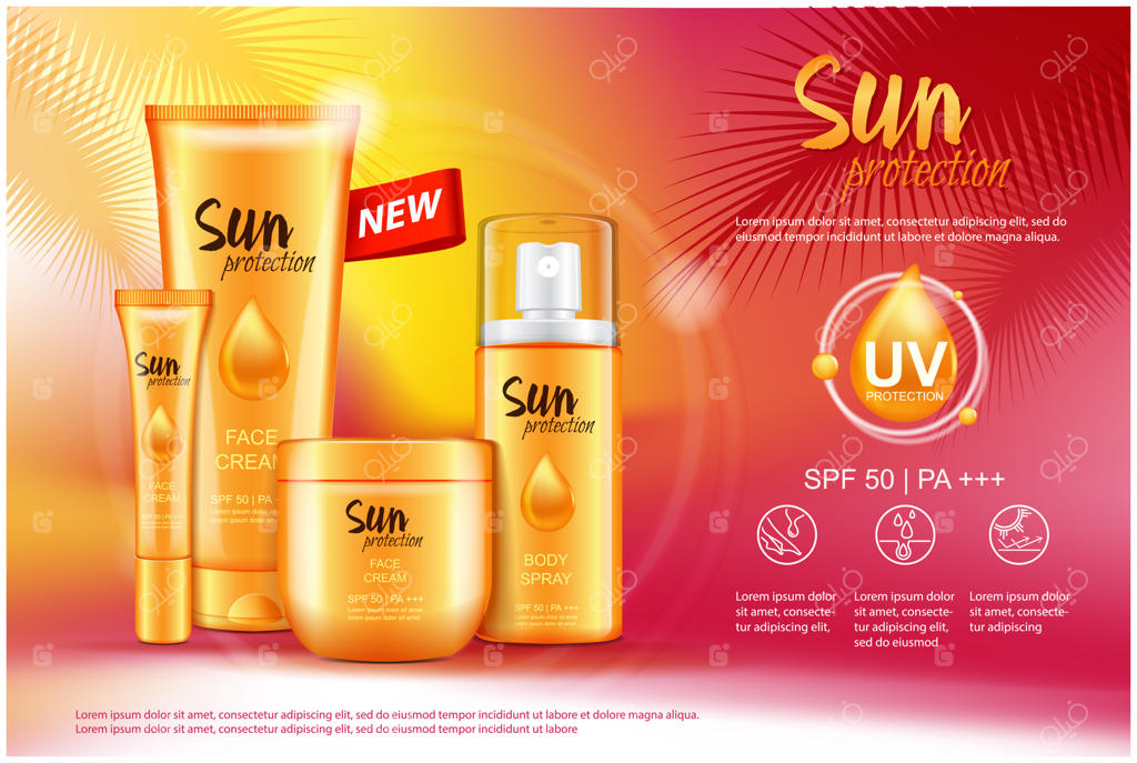 کرم ضد آفتاب، بطری، اسپری: محصولات آرایشی محافظت از آفتاب، تصویرسازی