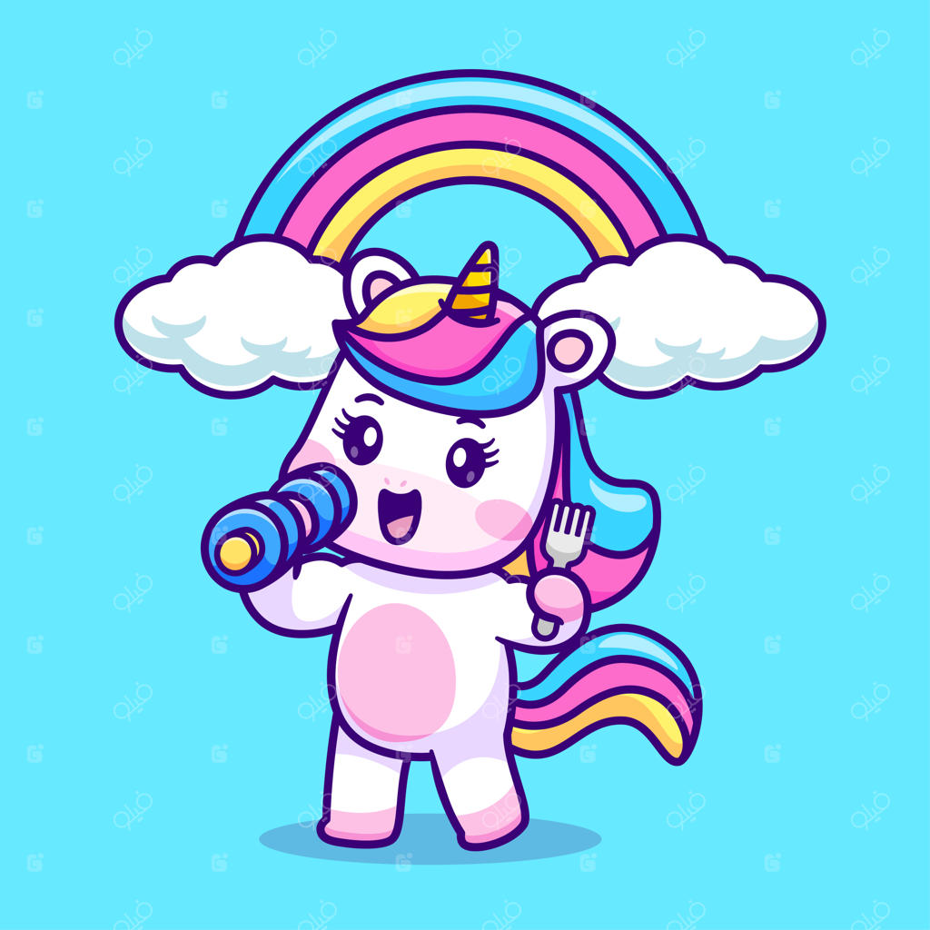 تصویر کارتونی اسب تک‌شاخ بامزه با دمبل و چنگال - نماد ورزشی حیوانات