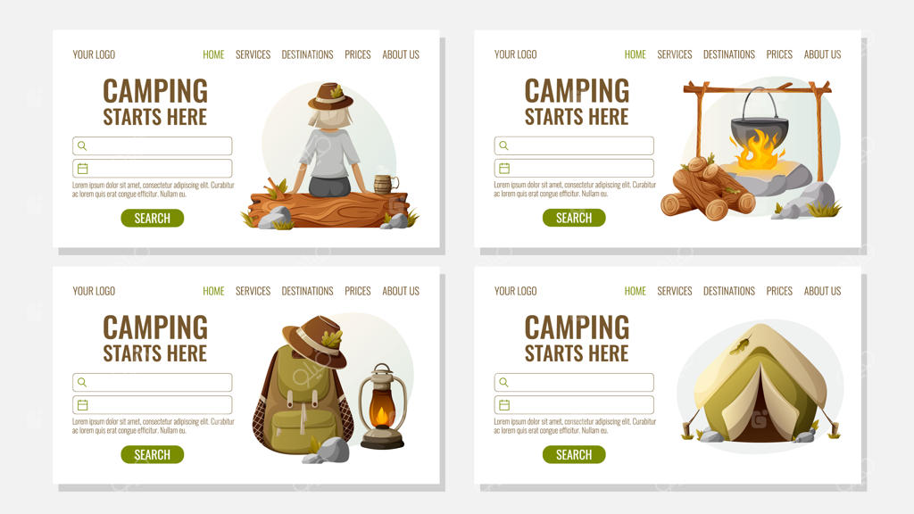 ست کمپینگ برای وب‌سایت: ماگ دخترانه، چادر مسافرتی، کوله‌پشتی، آتش، هیزم، دیگ آهنی