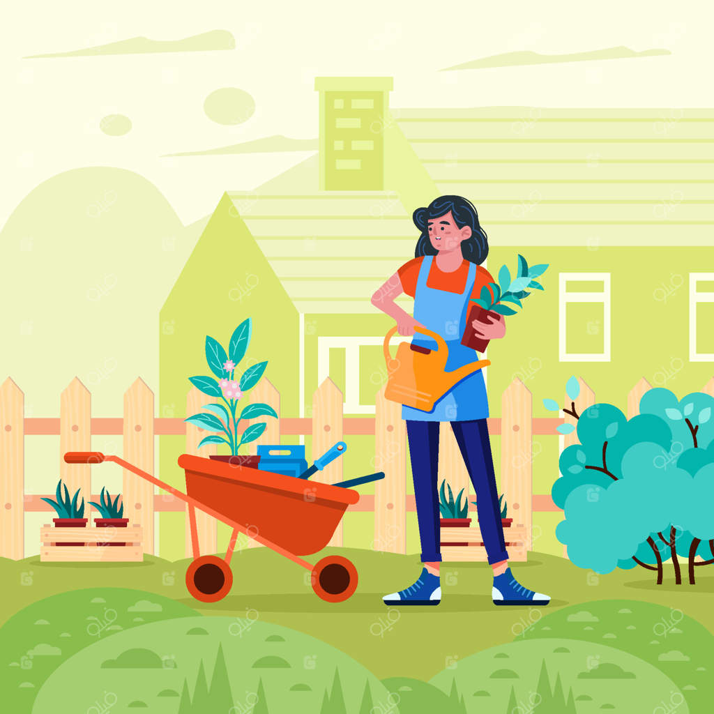 زن باغبان با گیاه و آبپاش - تصویر برداری حرفه‌ای مفهوم پویا