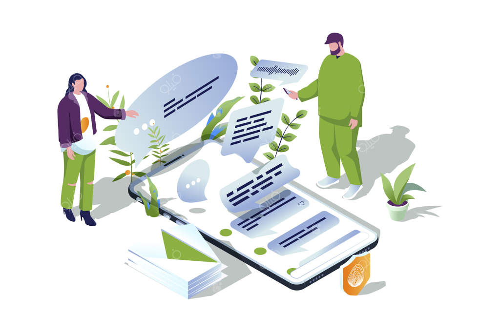 مفهوم وب سرویس پیام‌رسانی در طراحی ایزومتریک سه‌بعدی: ارسال پیام و ایمیل با استفاده از اپلیکیشن موبایل برای چت با دوستان و ارتباط آنلاین - تصویرسازی وب برداری