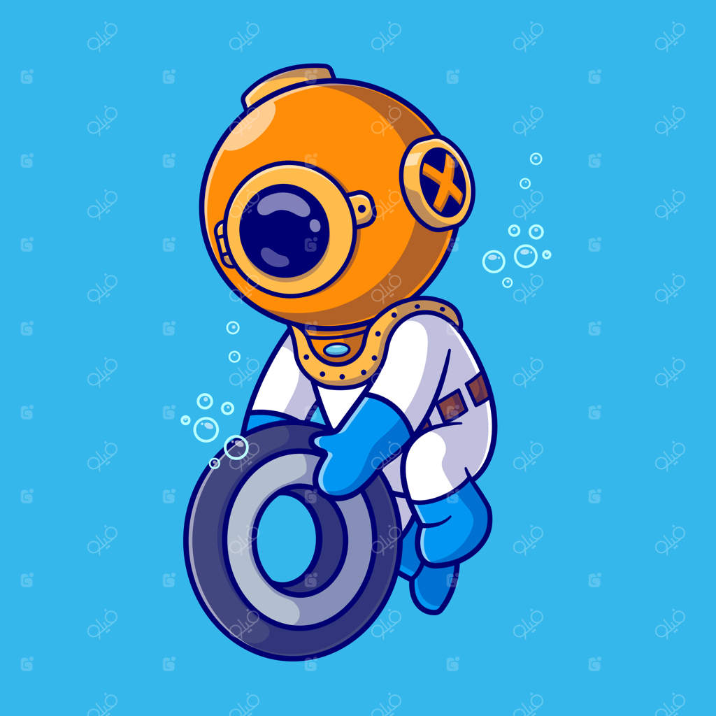 ایلوستراسیون وکتوری کارتونی از غواص بامزه با تایرها در اقیانوس. آیکون علمی و طبیعت مجزا