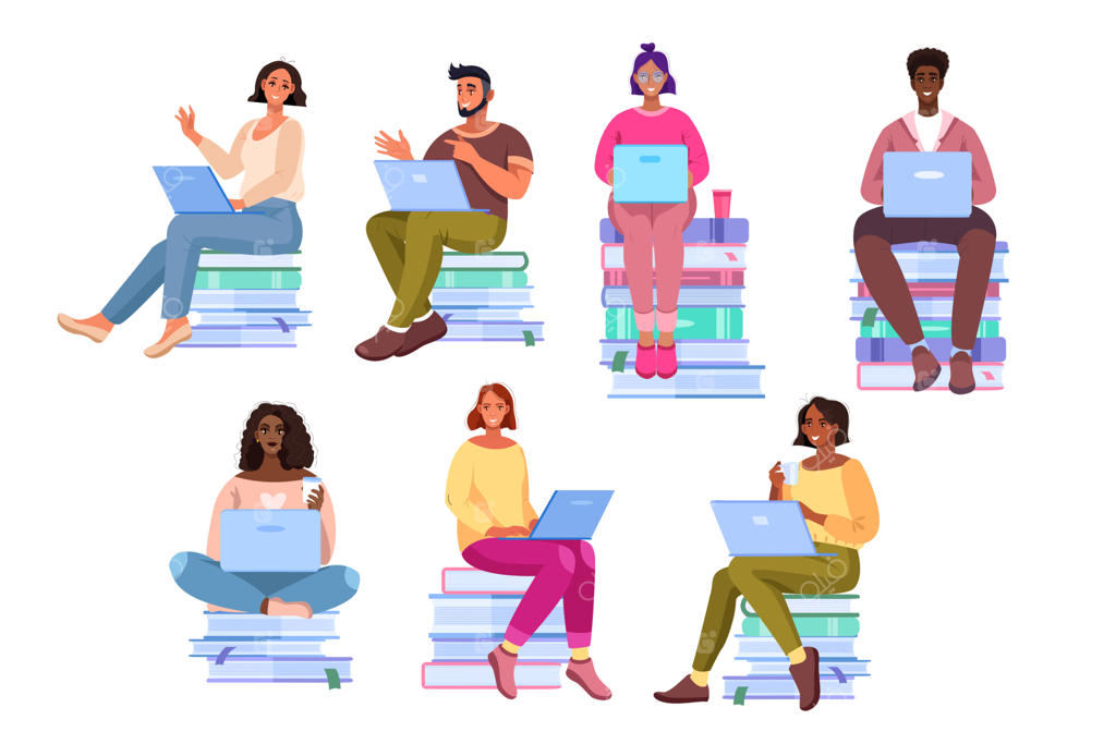 گروه دانشجویان چندملیتی و جوانان متنوع نشسته بر روی کتاب‌ها در حال یادگیری آنلاین