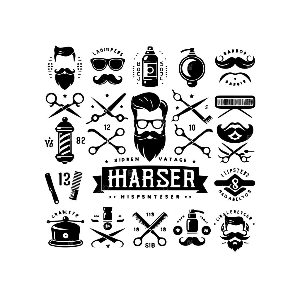 وکتور لوگو و نشان وینتیج آرایشگاه مردانه با طرح ریش فر، سبیل، قیچی و تیغ اصلاح