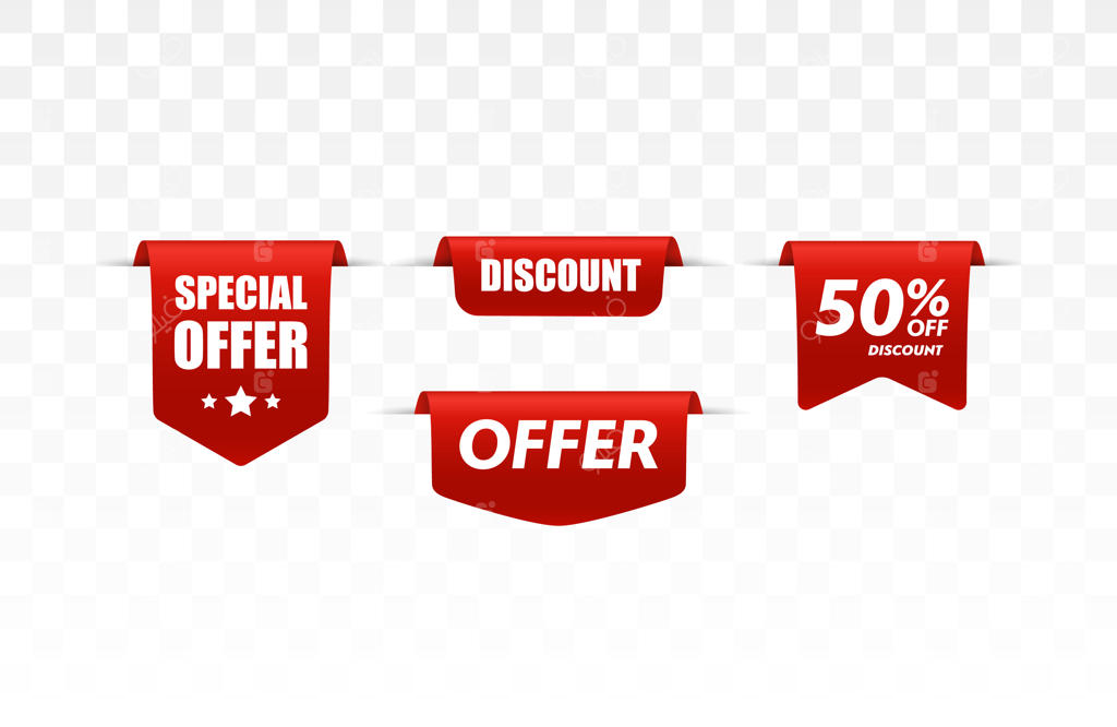 مجموعه‌ای از برچسب‌های تخفیف: ربان‌های قرمز بر روی زمینه سفید.