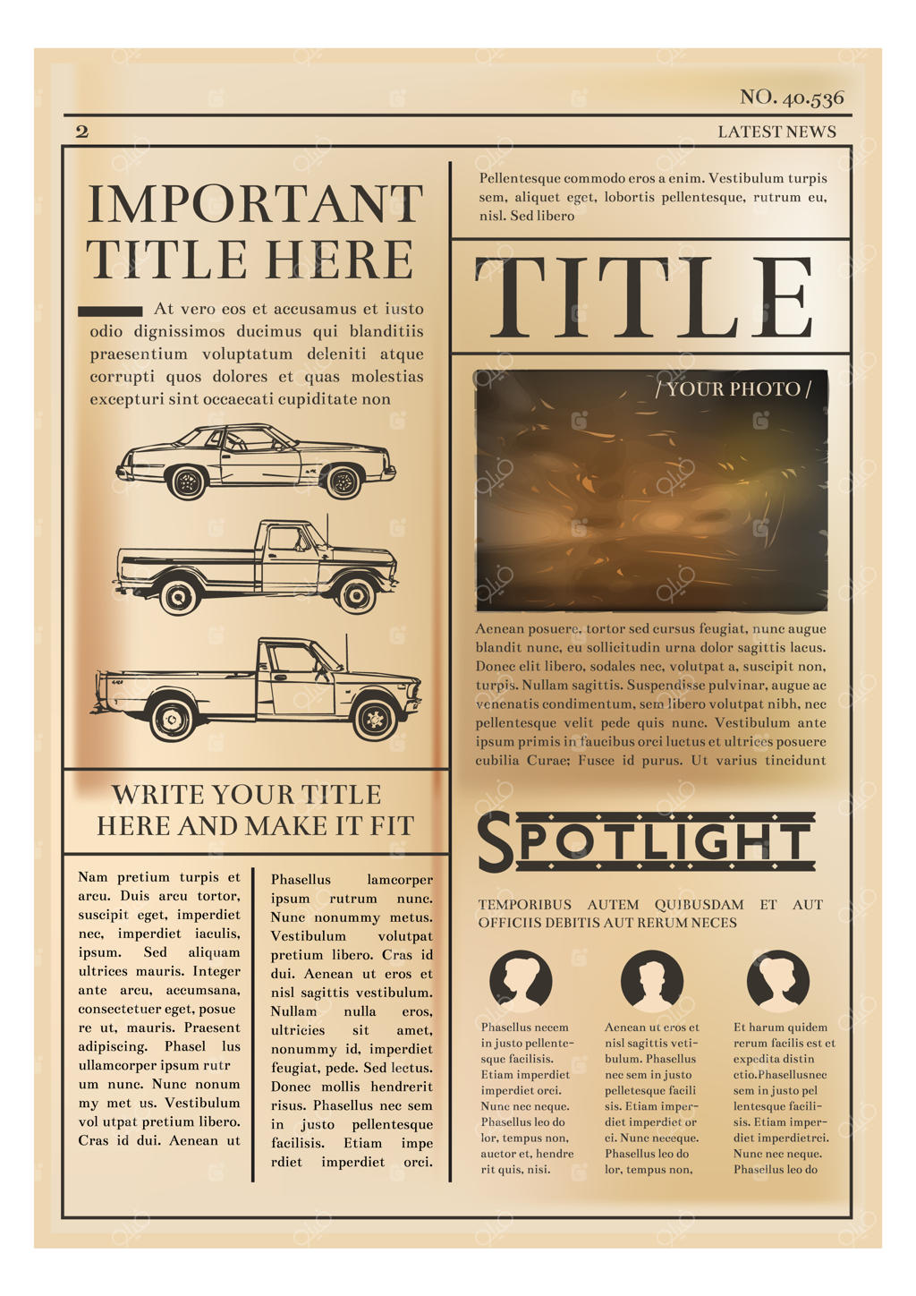 قالب صفحه روزنامه قدیمی روی کاغذ قهوه‌ای رنگ و کهنه