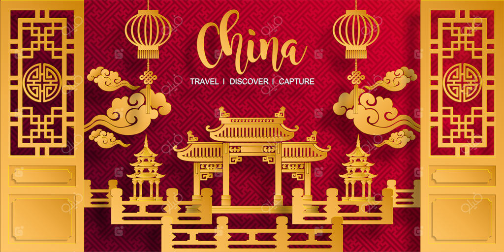 کارت دعوت و منوی عروسی چینی با طرح‌های زیبا روی زمینه رنگی کاغذ.