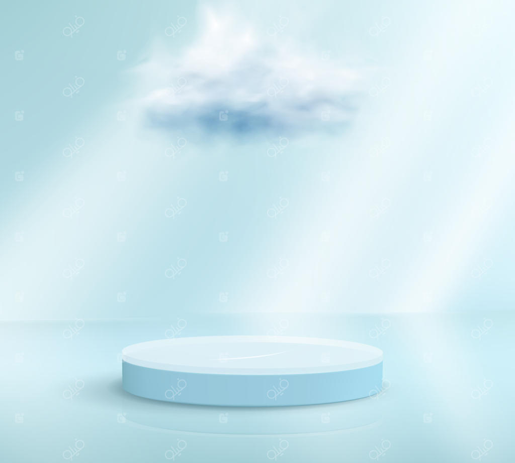 رندر سه‌بعدی سکوی آبی روشن با ابری در حال شناور در پس‌زمینه آبی روشن