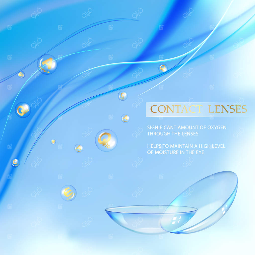 تصویری از لنزهای تماسی با زمینه آبی و قالب متن