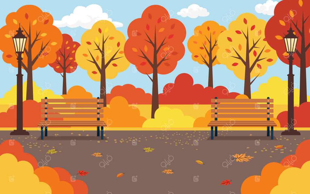 منظره پارک پاییزی با درختان رنگارنگ، نیمکت‌های چوبی و چراغ‌های روشنایی؛ پس‌زمینه‌ای زیبا از فصل پاییز
