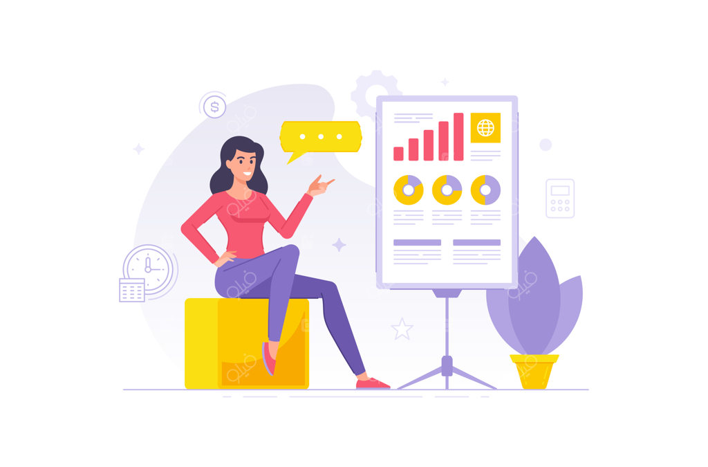 شخصیت کارتونی زن تاجر مدرن در حال ارائه پوستر اینفوگرافیک