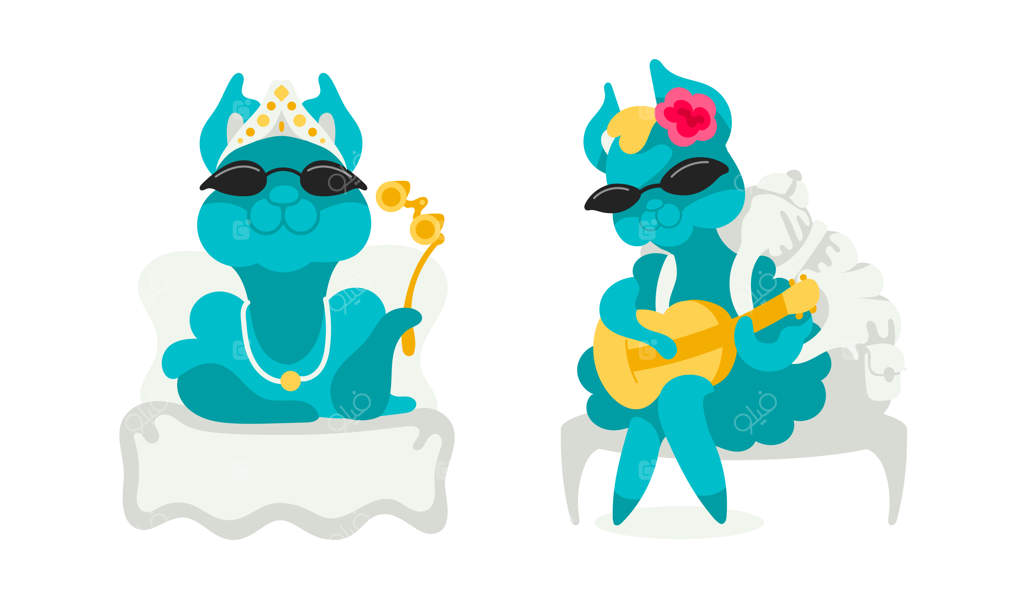 دو شخصیت کارتونی: یکی با عینک آفتابی، دیگری با کلاه آفتاب‌گیر و سومی با گیتار در حال نواختن.