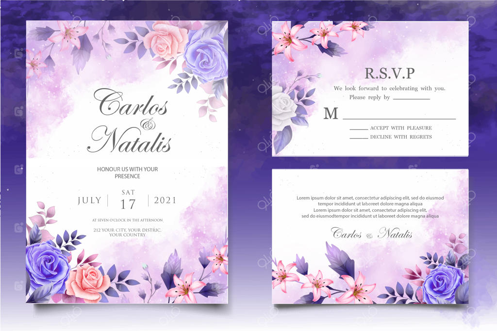 قالب کارت دعوت عروسی با طرح گل‌های آبرنگی زیبا