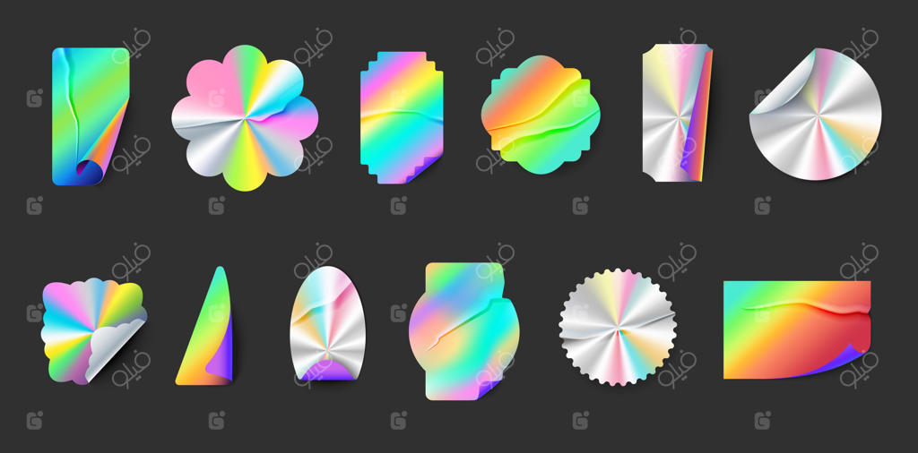 برچسب‌های هولوگرامی چروک‌ خورده با لبه‌های تا شده و برآمده. مهر فلزی هولوگرافیک به شکل مربع، گرد و ستاره. مجموعه‌ای از نشان‌های براق نئون و فویلی. نشان‌های نقره‌ای و رنگین‌کمانی در اشکال مختلف.