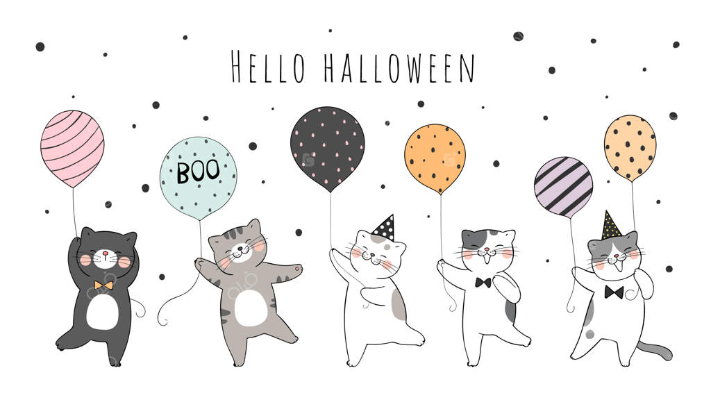 مجموعه‌ای از گربه‌های بامزه در حال نگه‌داشتن بادکنک برای هالووین طراحی کنید.