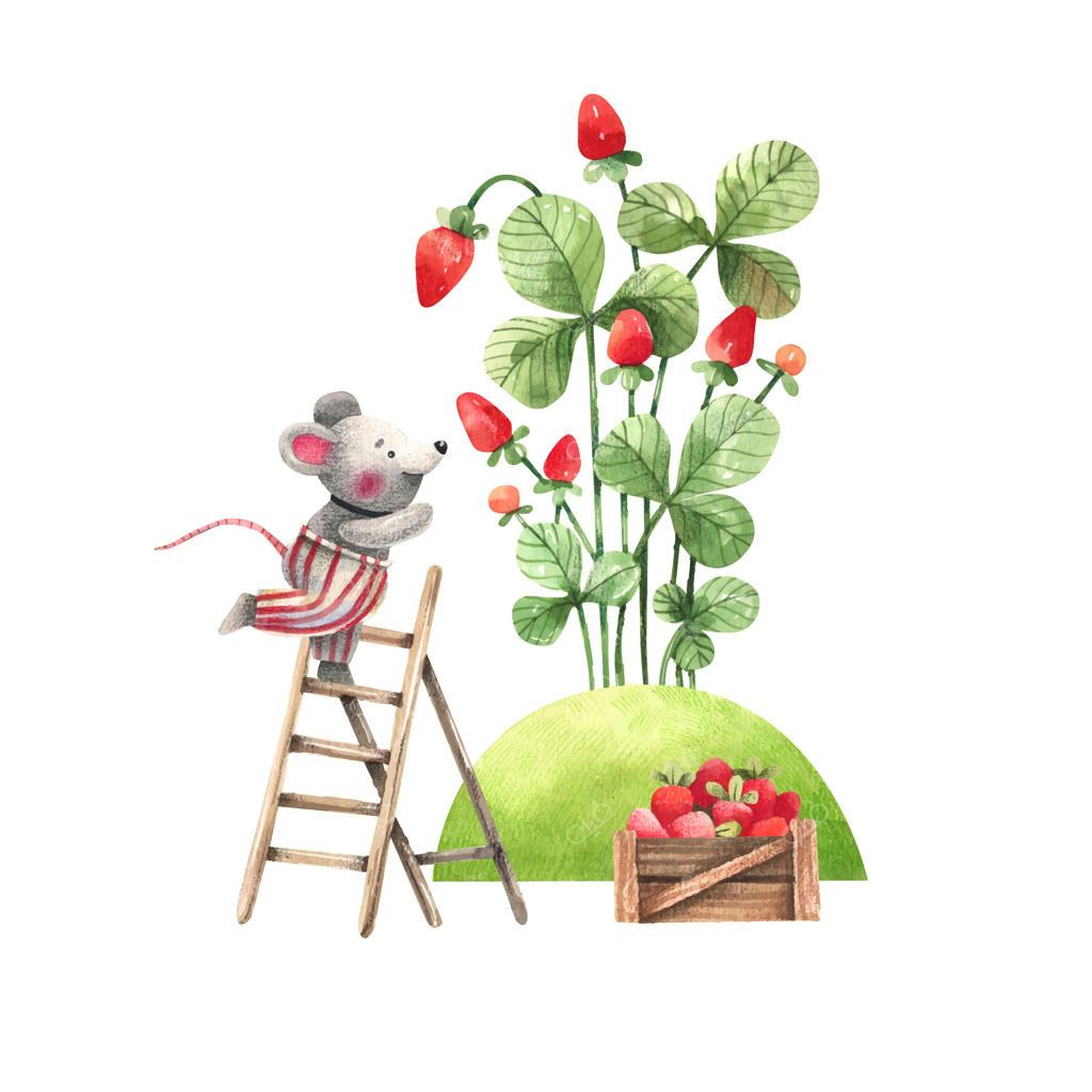 موش کوچولوی بامزه‌ای که در مزرعه توت‌فرنگی، توت می‌چیند. طرح‌های کودکانه