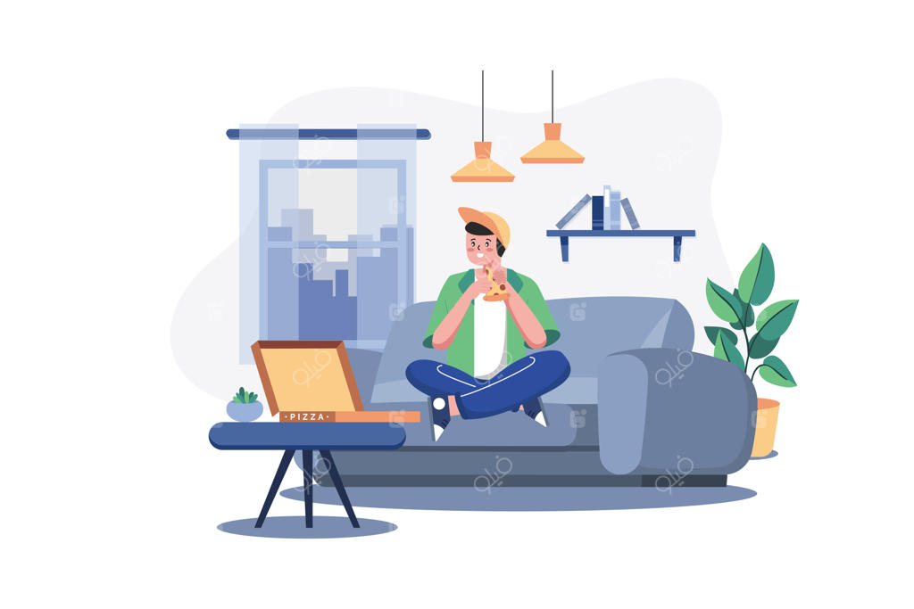 پسر در حال خوردن پیتزا روی مبل