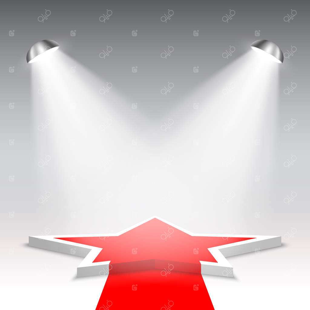 سکوی سفید با فرش قرمز: صحنه مراسم اهدای جوایز با ستاره و نورافکن‌ها