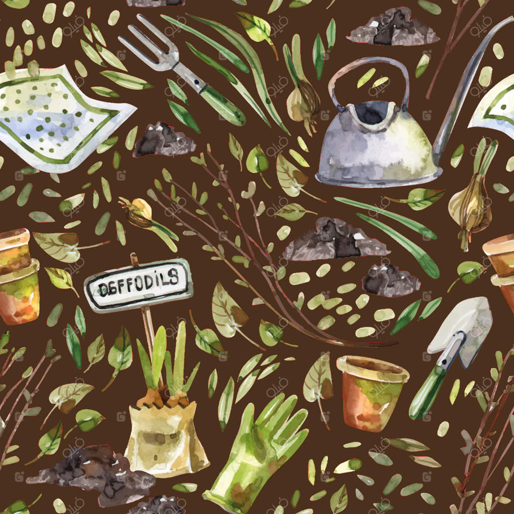 پترن آبرنگی بی‌وقفه با ابزار باغبانی، کلاه حصیری، دستکش و گیاهان روی زمینه تیره