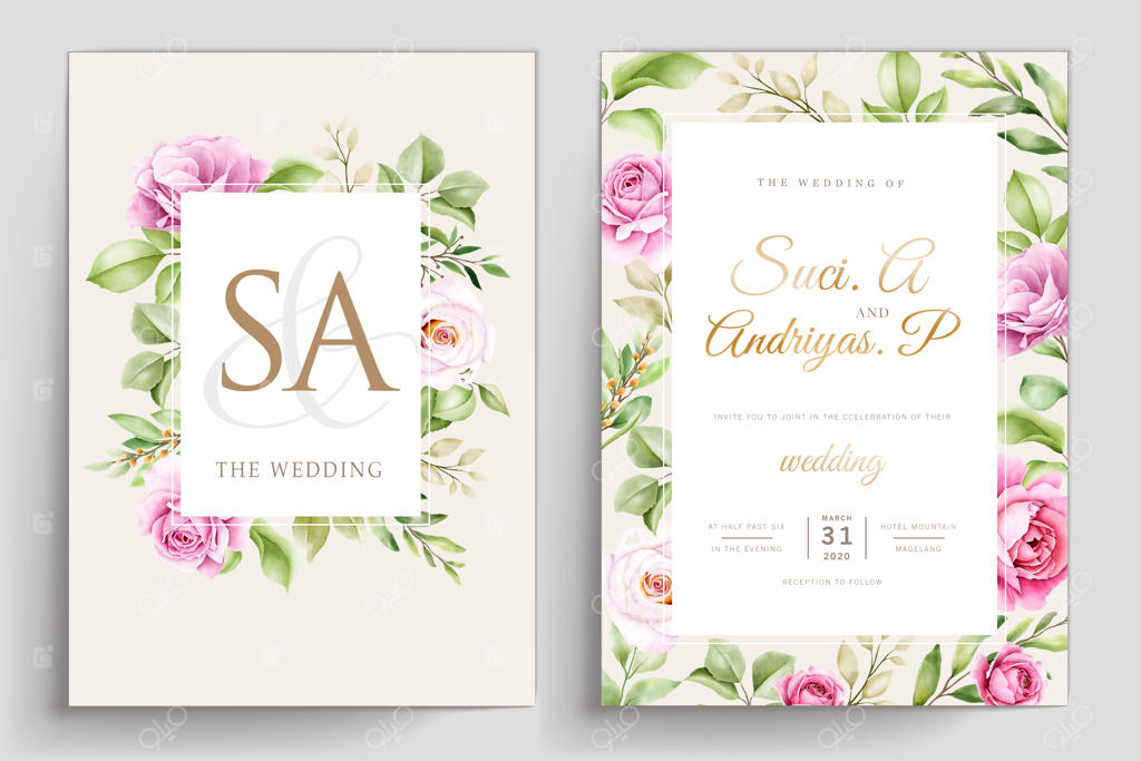 کارت آبرنگی گل‌های رز با ترکیب رنگ صورتی و سبز