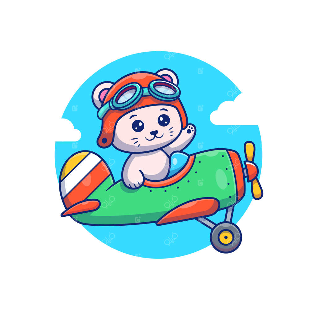 تصویر بامزه گربه در حال پرواز با هواپیمای قدیمی. مفهوم آیکون حمل و نقل حیوانات. سبک کارتونی و تخت.