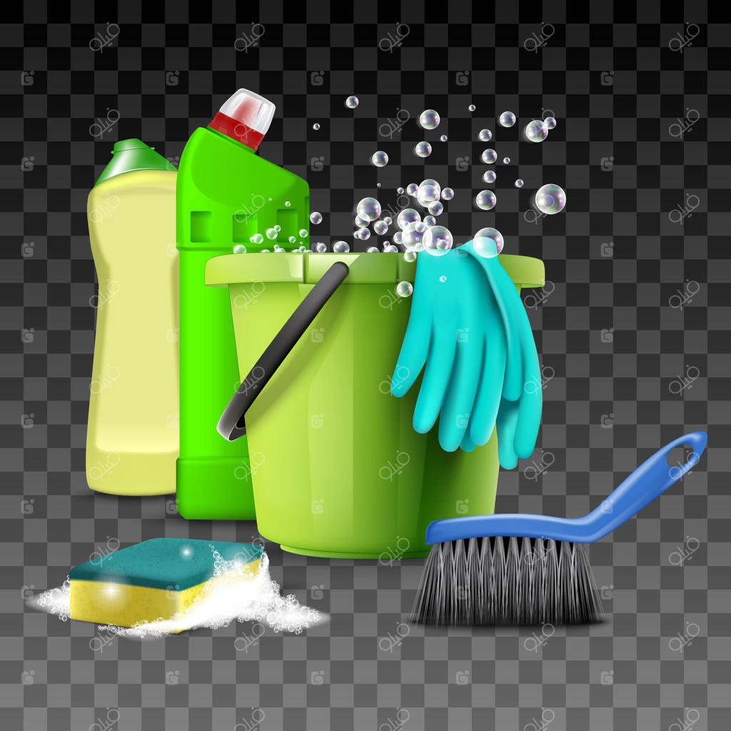 تصویری از محصولات پاک‌کننده، تجهیزات آشپزخانه و حمام برای شستشو، توالت، جارو، سطل آب و اسفنج.