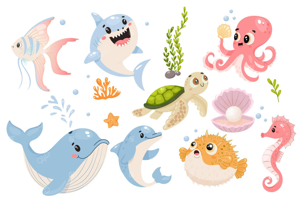 مجموعه‌ای از موجودات دریایی دوست‌داشتنی شامل کوسه، لاک‌پشت، دلفین، اختاپوس و دیگران