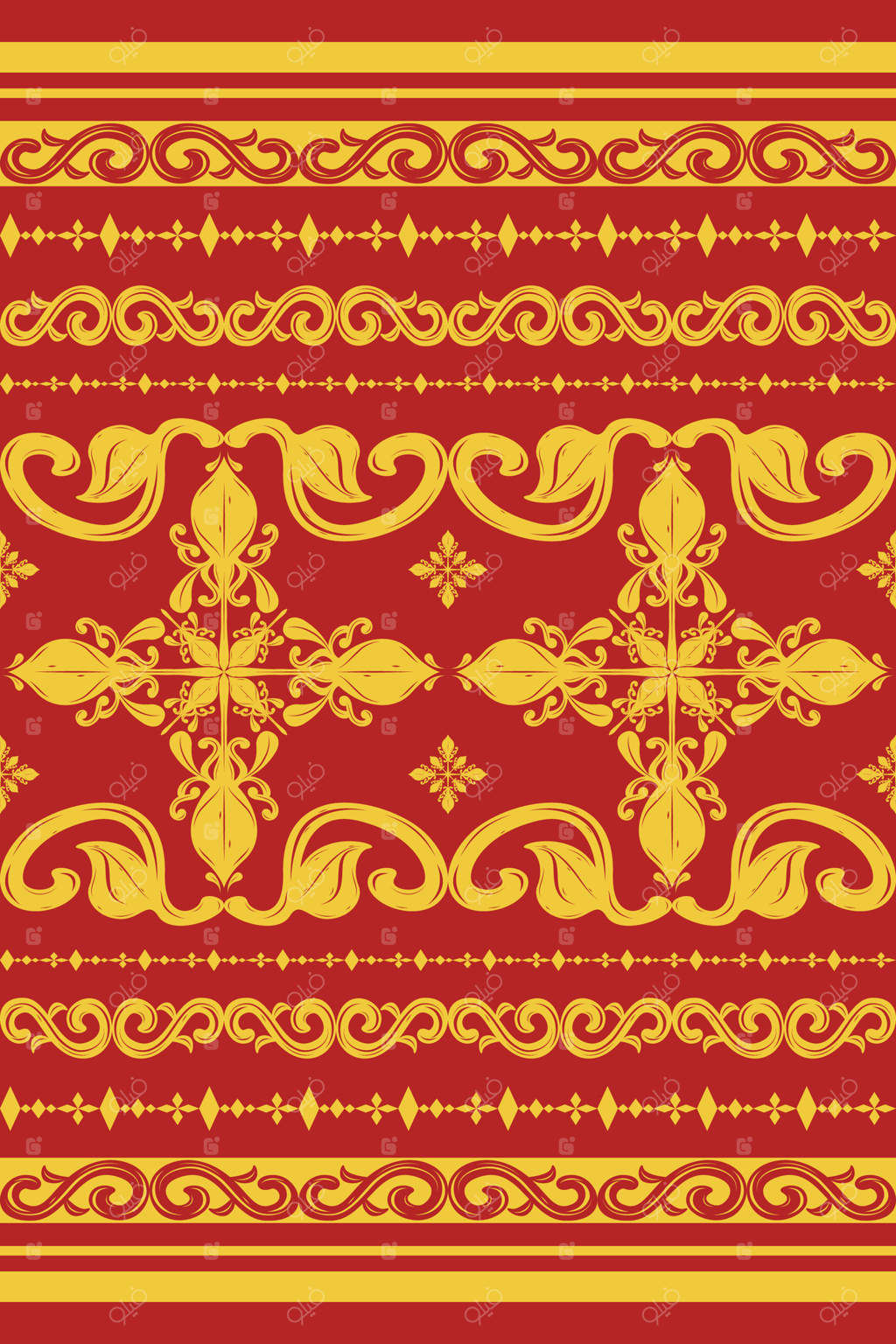 طرح زینتی مجلل با نقشمایه‌های طلایی و قرمز: طراحی گل و فیلگری برای دکوراسیون داخلی و ابریشم دوزی لوکس