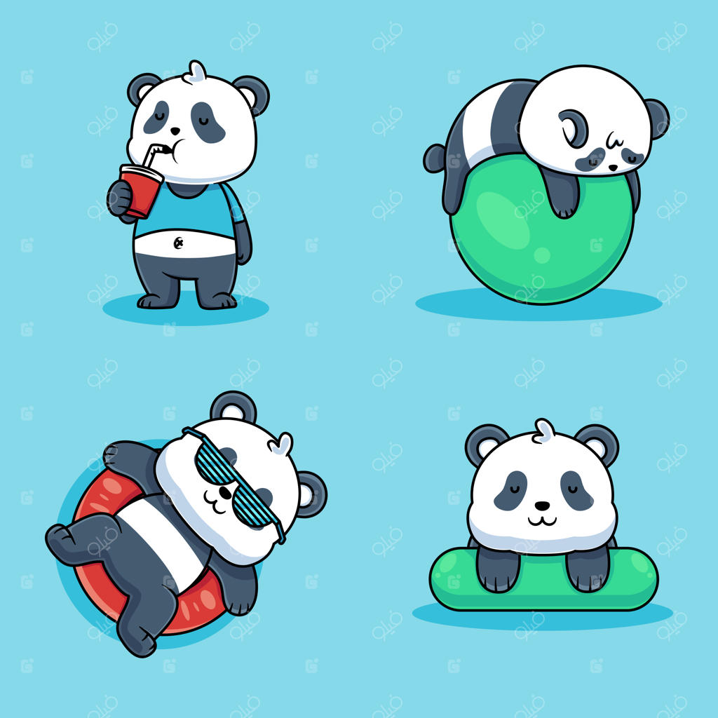 تصویر وکتور کارتونی پاندا در ساحل - آیکون حیوانات تابستانی بامزه به سبک کارتونی فلت و وکتور پریمیوم