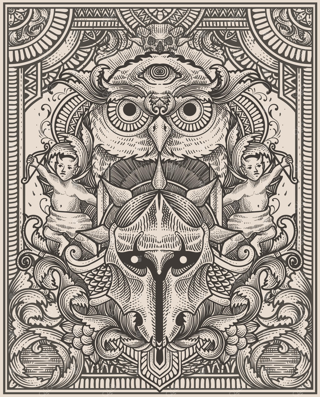 تصویر کلاه‌خود شوالیه با دو طرح حکاکی شیطانی و قدیمی