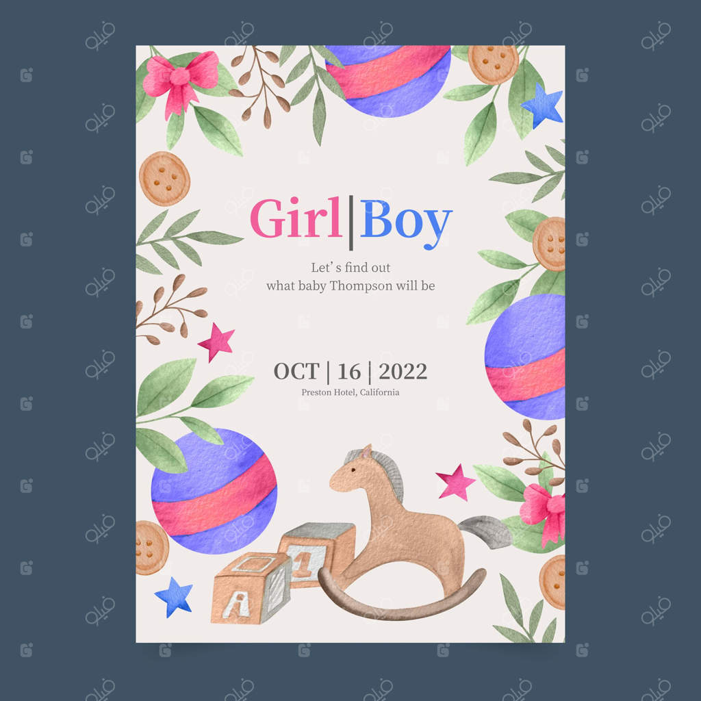 کارت دعوت آشکارسازی جنسیت با آبرنگ دست‌ساز