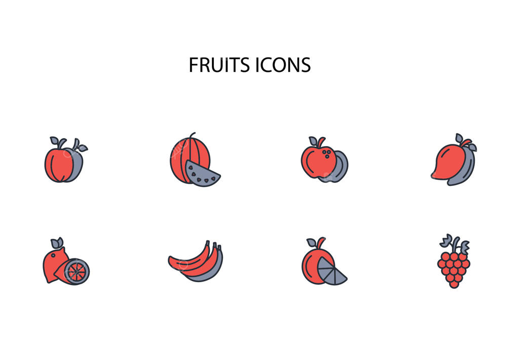 مجموعه آیکون میوه‌ها: سبک خطی قابل ویرایش برای طراحی وب و لوگو. مناسب برای استفاده در نمادها و تصویرگری.