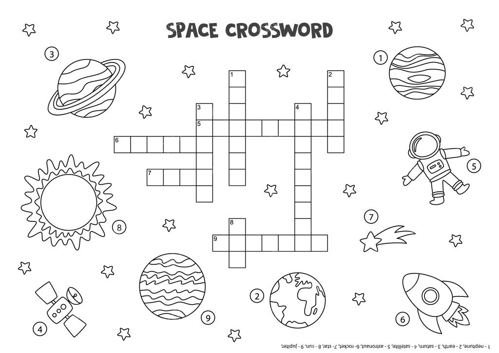 جدول کلمات متقاطع سیاه و سفید برای کودکان با سیارات منظومه شمسی، خورشید و موشک.