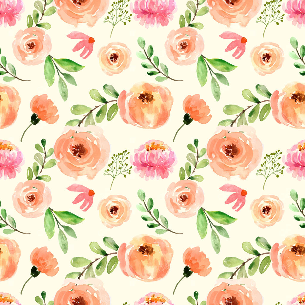 پترن بی‌انتها آبرنگی گل‌های رز و صدتومانی رنگ هلو