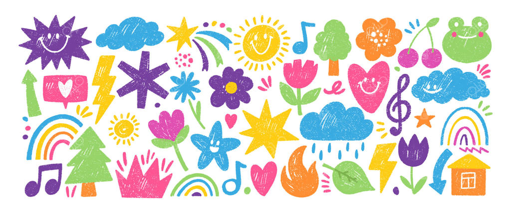 مجموعه‌ای از عناصر بازیگوش با تاج، موسیقی، رنگین‌کمان و پیکان با بافت مداد شمعی، پاستل یا گچ. اشکال جذاب برای طراحی کودکان. طرح دوودل بر روی زمینه سفید.