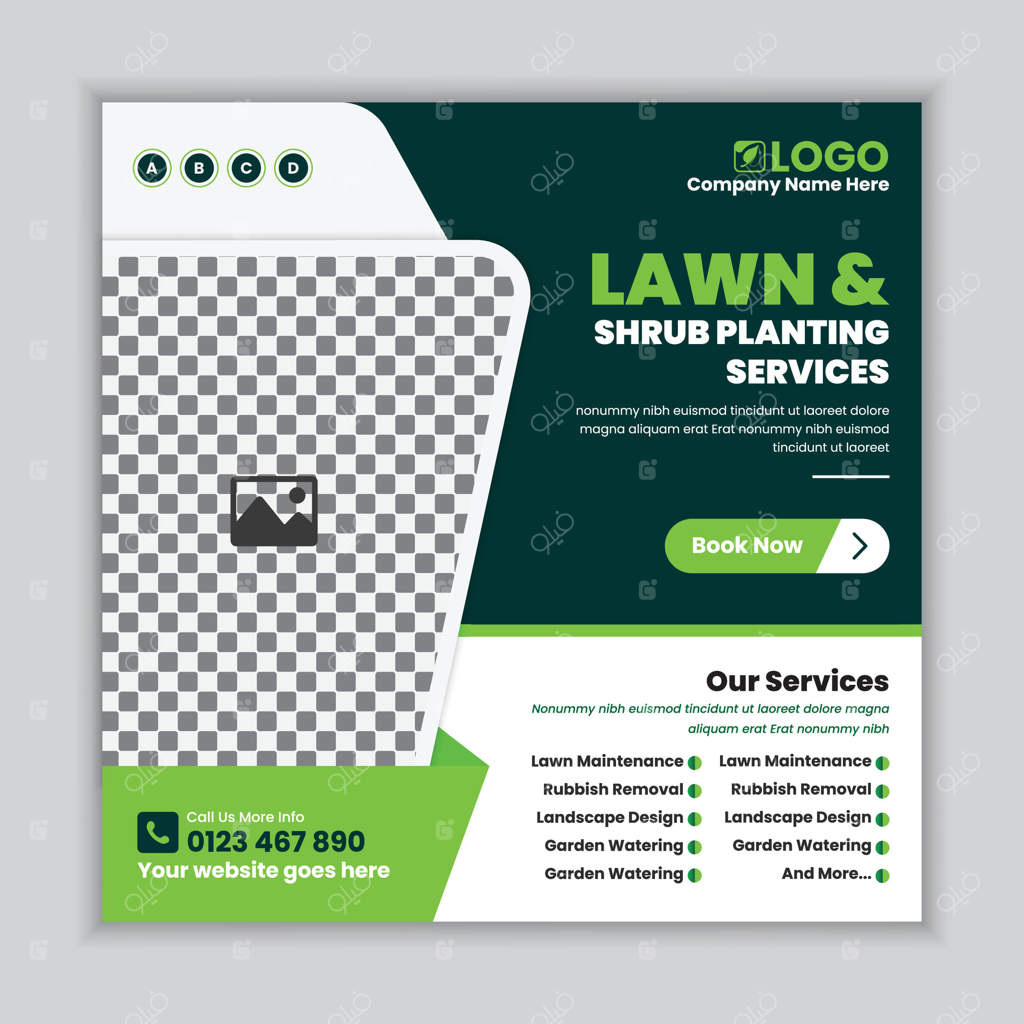 قالب پست شبکه‌های اجتماعی برای خدمات مربوط به مراقبت از چمن، باغ و محوطه‌سازی، طراحی بنر وب برای نگهداری باغ، خدمات فضای باز و قالب بنر مربع برای بازاریابی آنلاین در زمینه محوطه‌سازی سبز