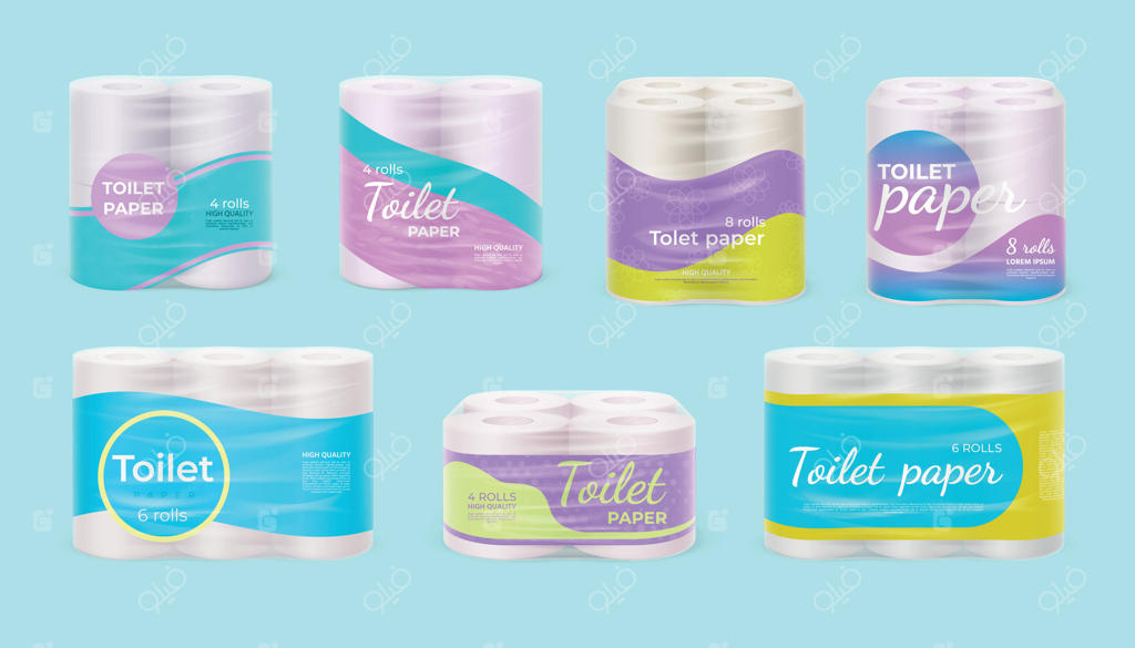 قالب‌های طراحی بسته‌بندی رول دستمال توالت. بسته‌بندی پلاستیکی برای رول‌های دستمال نرم. مجموعه موکاپ کانتینر محصولات بهداشتی