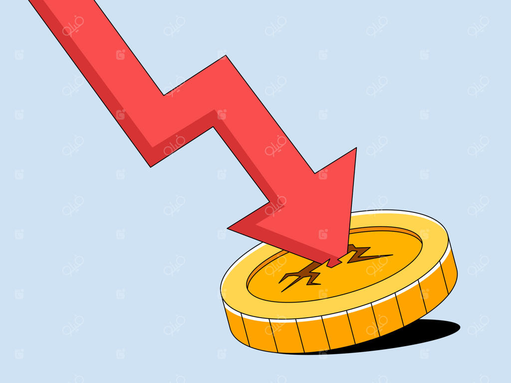 یک گرافیک قدرتمند که مفهوم کاهش مالی را با یک فلش قرمز جسورانه که به سمت یک سکه طلا سقوط می‌کند و نزول اقتصادی را به تصویر می‌کشد.
