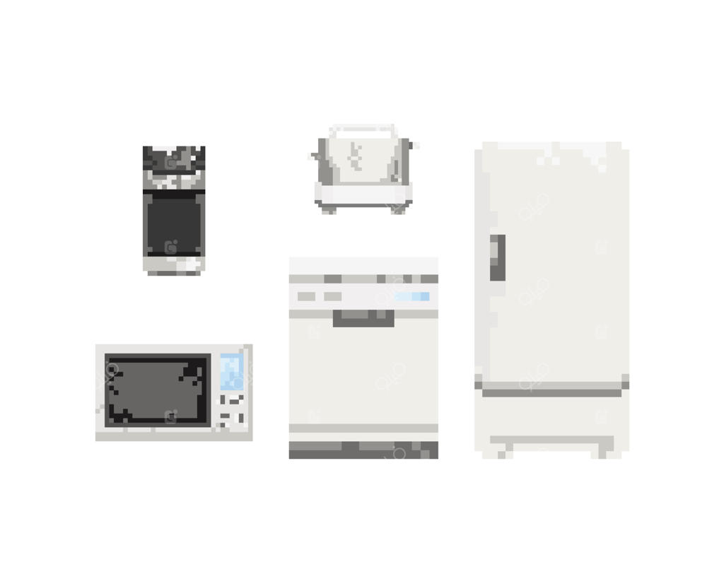 مجموعه‌ای از لوازم خانگی برق در هنر پیکسلی: با سبک ۸ بیت هنر.